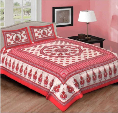hntraders Cotton Double Flat 144 TC Floral Bedsheet(Pack of 1, Red)