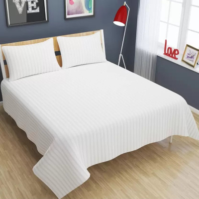 Comfolust 295 TC Satin Double Striped Flat Bedsheet(Pack of 1, White)