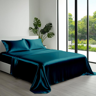 Indian Kingdom Satin Double Flat 400 TC Solid Bedsheet(Pack of 1, Teal)