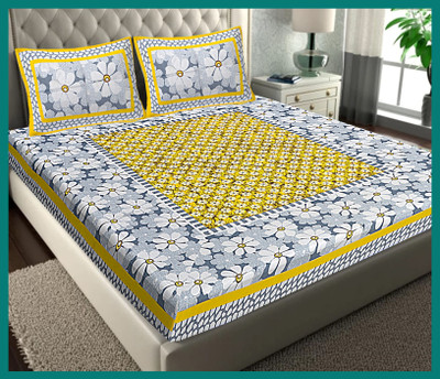 BedZone Cotton Double Flat 240 TC Jaipuri Prints Bedsheet(Pack of 1, Yellow)