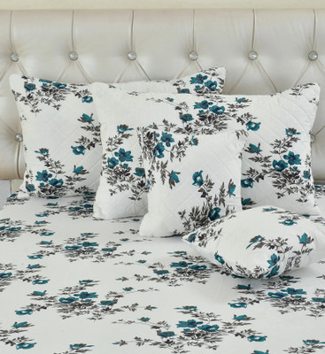 GAARVI HOMES Cotton King Fitted (Elastic) 300 TC Floral Bedsheet(Pack of 1, FITTED BEDSHEET 5 PCS SET WHITE GREEN)