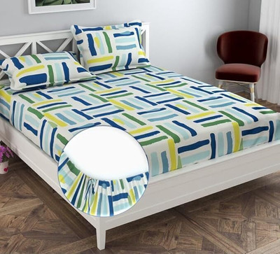 ARDM 210 TC Cotton Double Abstract Fitted (Elastic) Bedsheet(Pack of 1, White)