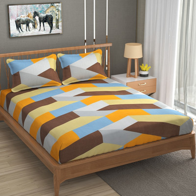 BROMWICK 180 TC Microfiber Double Checkered Flat Bedsheet(Pack of 1, Yellow Brown)