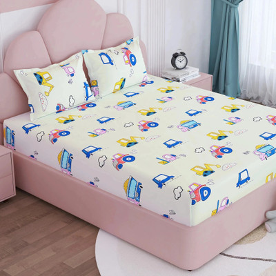 Story@home 180 TC Microfiber Double Printed Flat Bedsheet(Pack of 1, Light Grey & Blue)