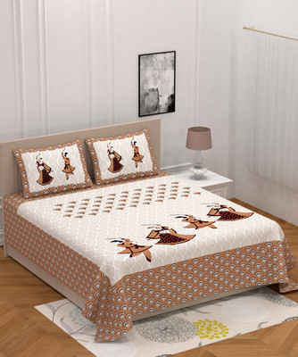 Poorak 104 TC Cotton Double Jaipuri Prints Flat Bedsheet(Pack of 1, Brown)