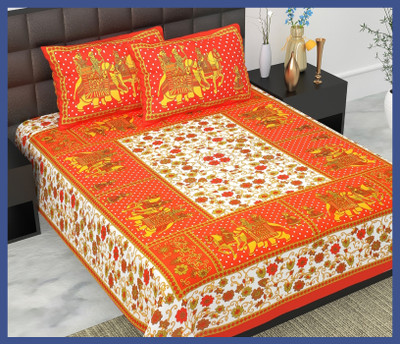 JAIPUR PRINTS Cotton Double Flat 240 TC Jaipuri Prints Bedsheet(Pack of 1, Orange)