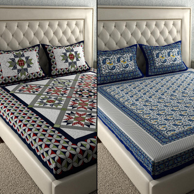 LA VERNE Cotton Double Flat 104 TC Jaipuri Prints Bedsheet(Pack of 2, Multicolor 3)
