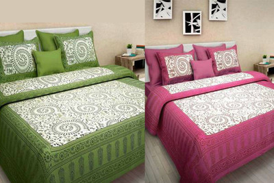 KANDY SHOP Cotton Double Flat 250 TC Jaipuri Prints Bedsheet(Pack of 1, Pink, Light Green)