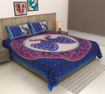 METRO LIVING 144 TC Cotton Double Jaipuri Prints Flat Bedsheet(Pack of 1, Blue)