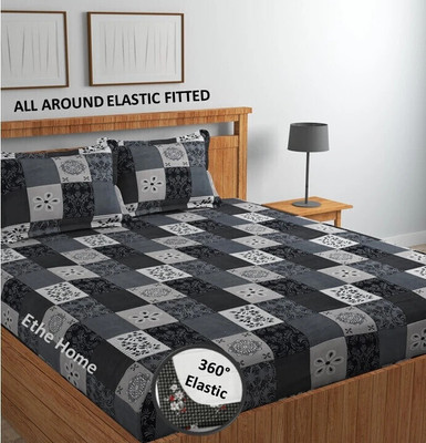 Ethe Home Cotton Double Fitted (Elastic) 280 TC Printed Bedsheet(Pack of 1, Black)