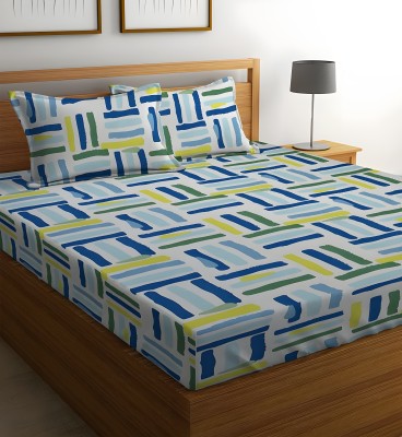 Vrapt 310 TC Microfiber Double Geometric Fitted (Elastic) Bedsheet(Pack of 1, Blue Green White)