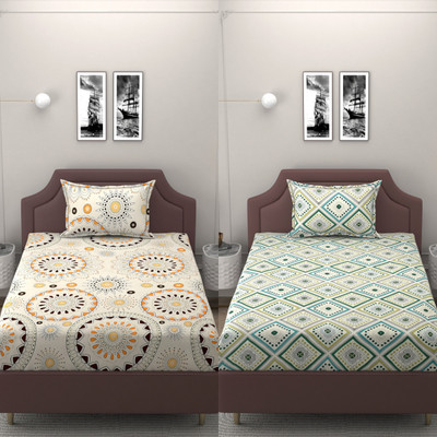 BROMWICK 250 TC Microfiber Single Abstract Flat Bedsheet(Pack of 2, Green)