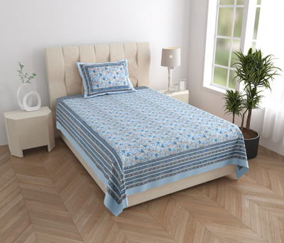 Texstylers 210 TC Cotton Single Floral Flat Bedsheet(Pack of 1, Blue)