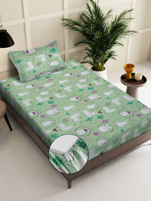 Klotthe 400 TC Cotton Single Printed Fitted (Elastic) Bedsheet(Pack of 1, Green)