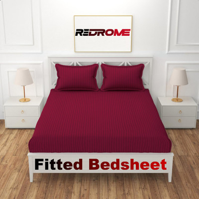 REDROME Cotton King Fitted (Elastic) 280 TC Striped Bedsheet(Pack of 1, Maroon)