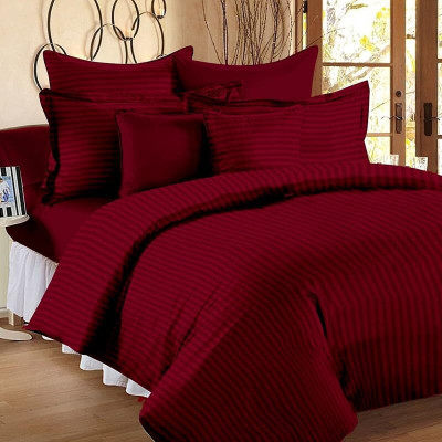 Shree Paras 220 TC Satin Double Striped Flat Bedsheet(Pack of 1, Stripe Double Bedsheet with 2 Pillow Covers,Maroon)