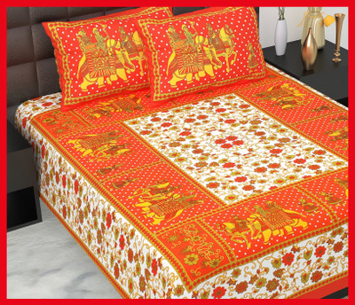 JAIPUR PRINTS Cotton Double Flat 210 TC Jaipuri Prints Bedsheet(Pack of 1, Orange)