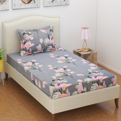 Luxury Trends 180 TC Cotton Single Floral Flat Bedsheet(Pack of 1, Pink Flower Grey)