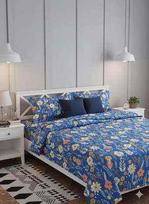 S K HANDLOOM Cotton Double Flat 165 TC Printed Bedsheet(Pack of 1, Blue)