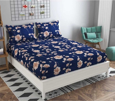 vnm home Microfiber King Fitted (Elastic) 210 TC Printed Bedsheet(Pack of 1, Sky Blue, Pink)