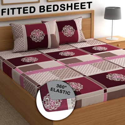 CG Homes 210 TC Microfiber King Printed Fitted (Elastic) Bedsheet(Pack of 1, Maroon Multicolor)