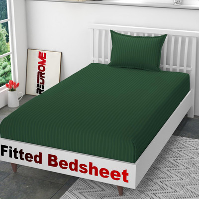 REDROME Cotton Single Fitted (Elastic) 300 TC Striped Bedsheet(Pack of 1, Dark Green)