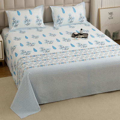 Story@home Cotton King Flat 240 TC Printed Bedsheet(Pack of 1, White, Light Blue)