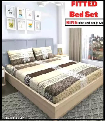 Comfolust 240 TC Microfiber King Printed Fitted (Elastic) Bedsheet(Pack of 1, Cream)
