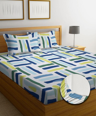 RV INTERNATIONAL Cotton Super King, King, Queen, Double Fitted (Elastic) 250 TC Printed Bedsheet(Pack of 1, Multicolor)