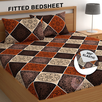 CHHAVI INDIA 210 TC Microfiber Double Printed Fitted (Elastic) Bedsheet(Pack of 1, Brown & Orange)