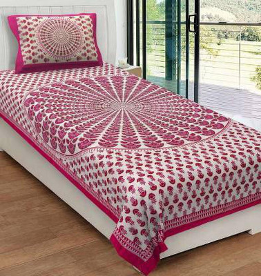 HOMEQUIPO 140 TC Cotton Single Jaipuri Prints Flat Bedsheet(Pack of 1, Pink)