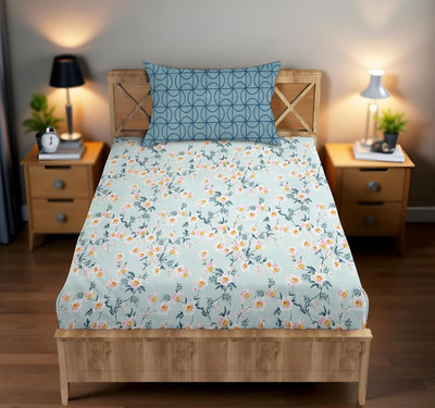 BharatLinen Cotton Single Flat 144 TC Printed Bedsheet(Pack of 1, Teal Or Blue Light)
