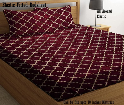 RUMFOT Cotton Double Fitted (Elastic) 160 TC Floral Bedsheet(Pack of 1, Red)