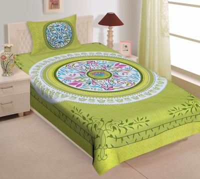 Ubania Collection 140 TC Cotton Single Jaipuri Prints Flat Bedsheet(Pack of 1, Green)