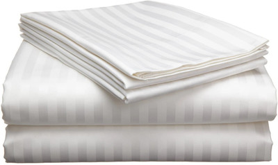 Jinaya's Cotton King Flat 300 TC Striped Bedsheet(Pack of 1, White)