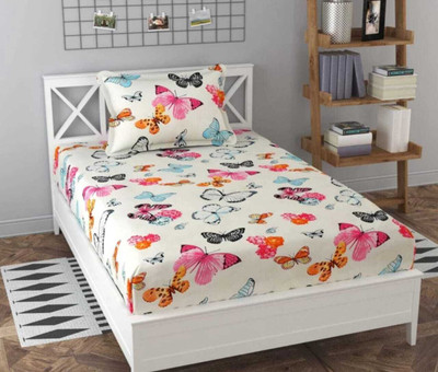 PATNOS 280 TC Cotton Single 3D Printed Fitted (Elastic) Bedsheet(Pack of 1, 1 BEDSHEET WITH 1 PILLOW COVER CREAM BUTTERFLY)