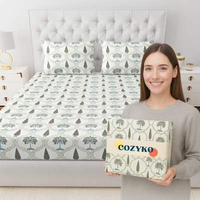 COZYKO 280 TC Cotton Super King Jaipuri Prints Flat Bedsheet(Pack of 1, Green)