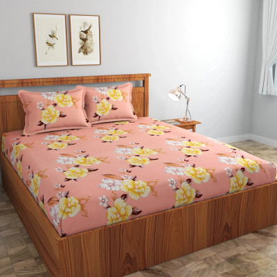 Ethe Home Cotton Double Fitted (Elastic) 280 TC Printed Bedsheet(Pack of 1, Pink)