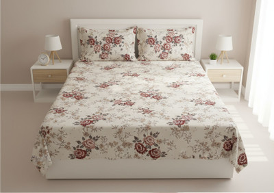 Private Lable Cotton Blend Double Flat 400 TC Floral Bedsheet(Pack of 1, Cream/Off-white background,Soft, Soft, muted rose tone)