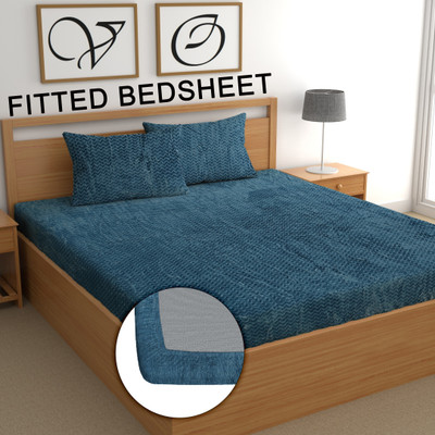 CG Homes 210 TC Woolen Double Abstract Fitted (Elastic) Bedsheet(Pack of 1, Blue)