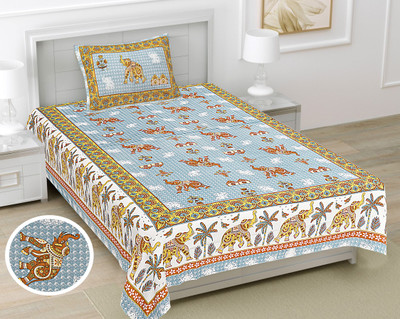 R Print 144 TC Cotton Single Jaipuri Prints Flat Bedsheet(Pack of 1, Yellow)