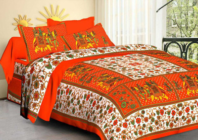 KTP 110 TC Cotton Queen Printed Flat Bedsheet(Pack of 1, Orange)