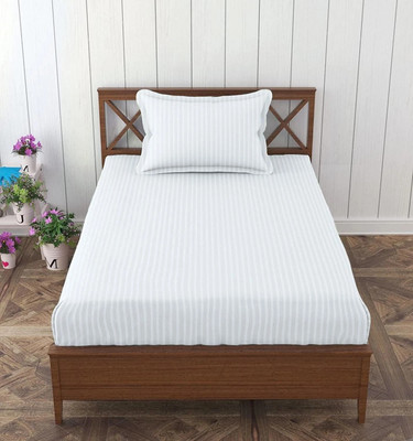 HOMYBEES 210 TC Cotton Single Striped Flat Bedsheet(Pack of 1, White)