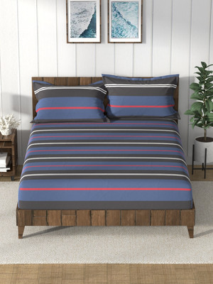 NAUTICA Cotton King Flat 160 TC Striped Bedsheet(Pack of 1, BLUE/BLACK)