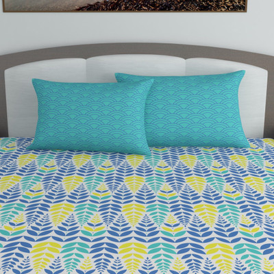 Divine Casa Cotton King Flat 144 TC Printed Bedsheet(Pack of 1, Blue, Yellow)