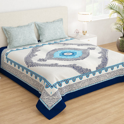 Story@home 210 TC Microfiber Double Jaipuri Prints Flat Bedsheet(Pack of 1, White)