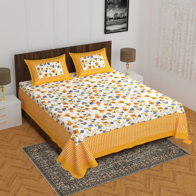 Cosito Cotton Double Flat 144 TC Floral Bedsheet(Pack of 1, Yellow, White)