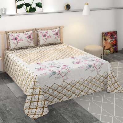 M Mable 140 TC Cotton King Floral Flat Bedsheet(Pack of 3, White, Pink)