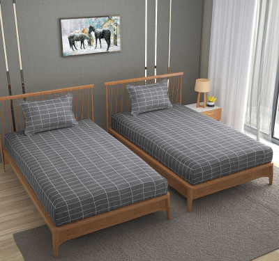 BROMWICK 244 TC Microfiber Single Checkered Flat Bedsheet(Pack of 2, Dark Grey)
