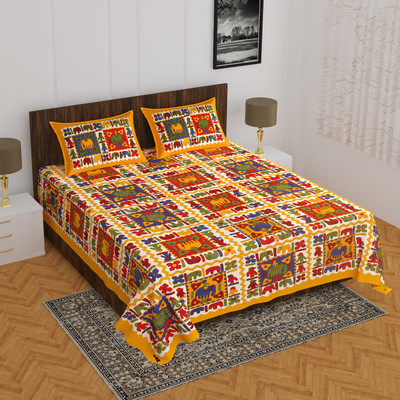 E ELMA 144 TC Cotton Double Jaipuri Prints Flat Bedsheet(Pack of 1, Multicolor)